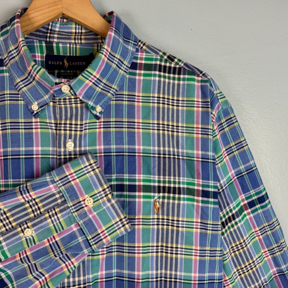 Ralph Lauren Classic Fit Men XXL Blue Plaid Button Down Oxford Long Sleeve Shirt